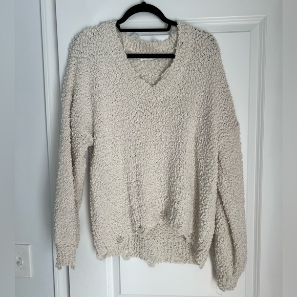 Oversized V-Neck Sweater with Distressed Details - Picture 2 of 4